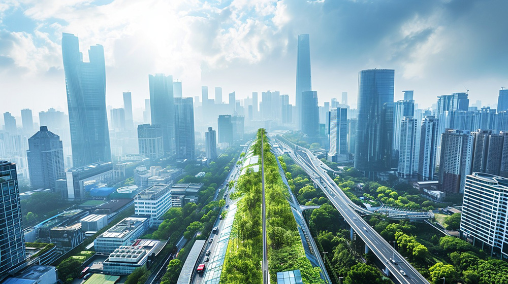Tree-lined urban corridor with pedestrians, cycling space and integrated greenery
