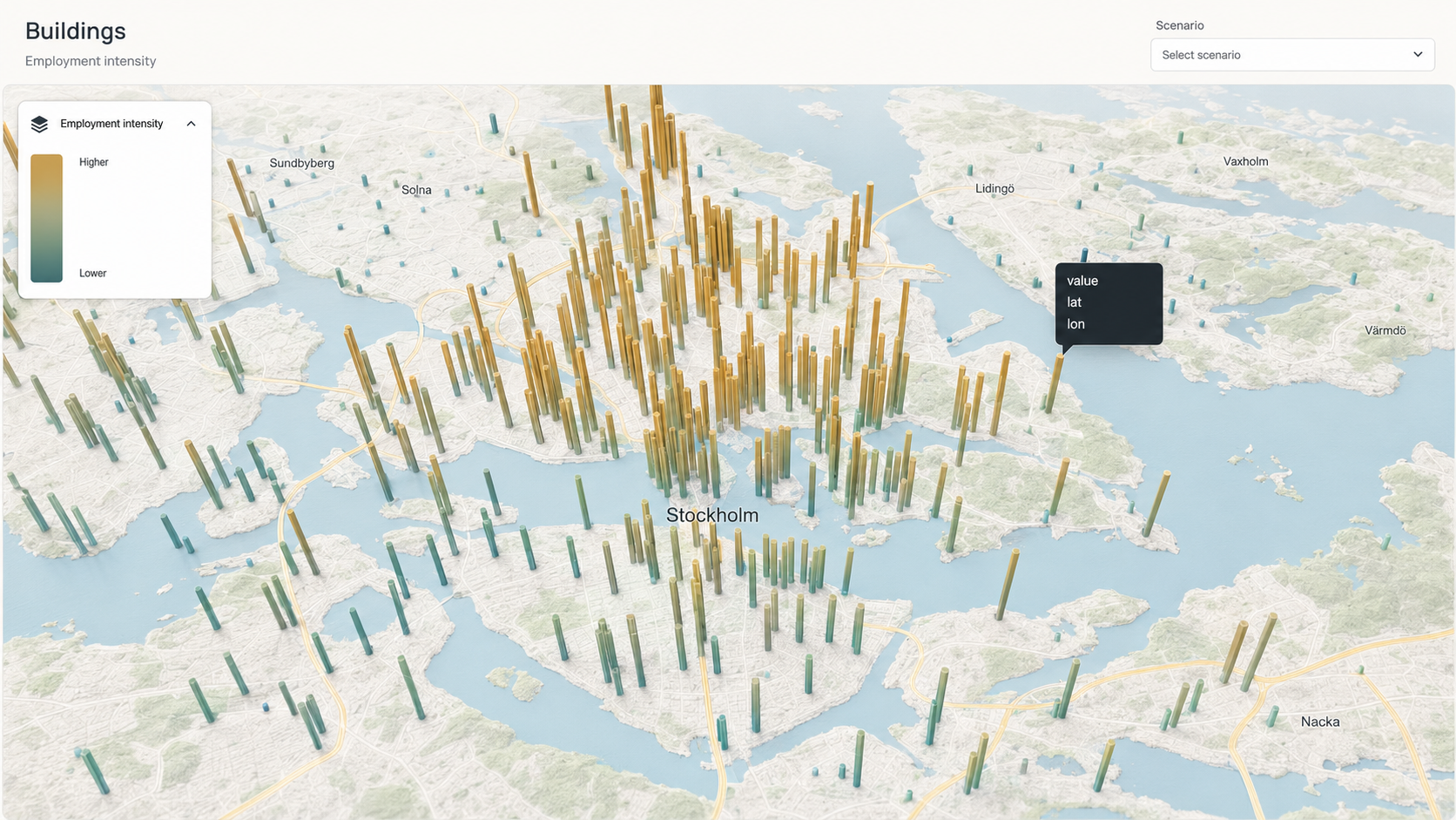 Concept visualisation of employment intensity in a three-dimensional urban map