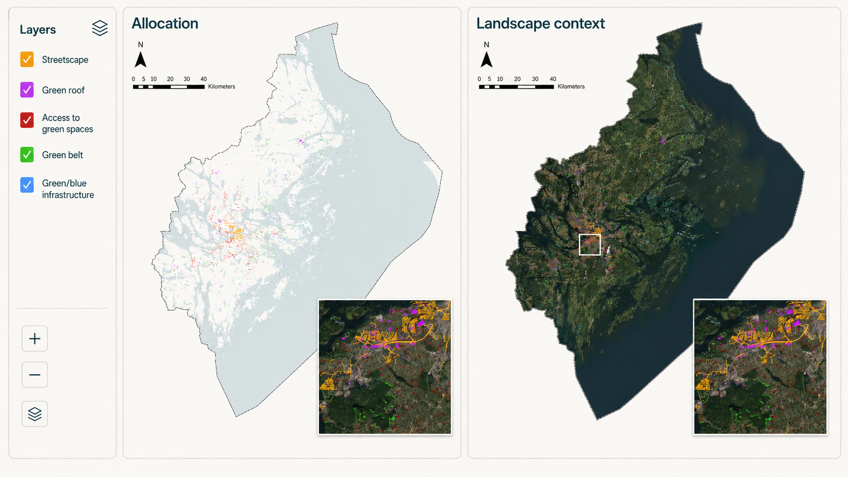 Interface showing the spatial allocation of multiple nature-based solutions